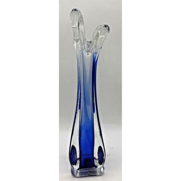 Vintage Walls flower MCM Cobalt Blue 4 Finger Swung Stretch Glass Vase 9.5” Tall - Picture 4 of 7